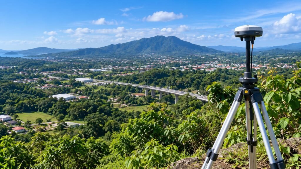 Receptor GNSS sobre trípode con vista panorámica de terrenos y montañas en Panamá Oeste.