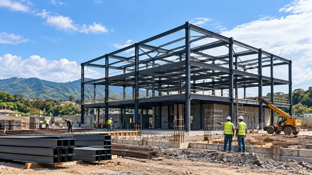 Estructura metálica de un edificio en construcción.