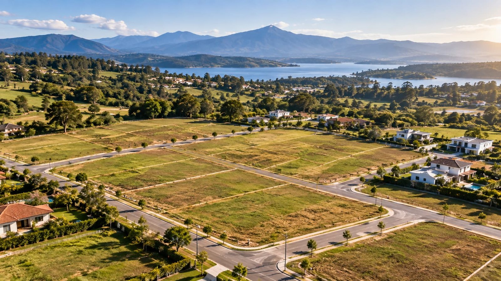 Vista aérea de terrenos y propiedades residenciales con vías de acceso.