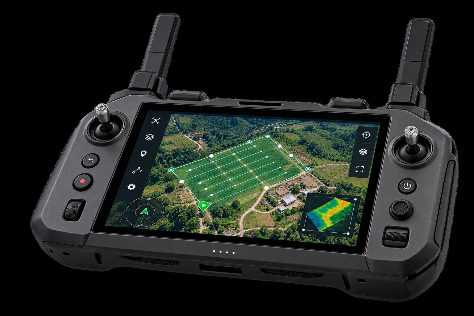 Control de dron con pantalla que muestra los parámetros de una misión de vuelo